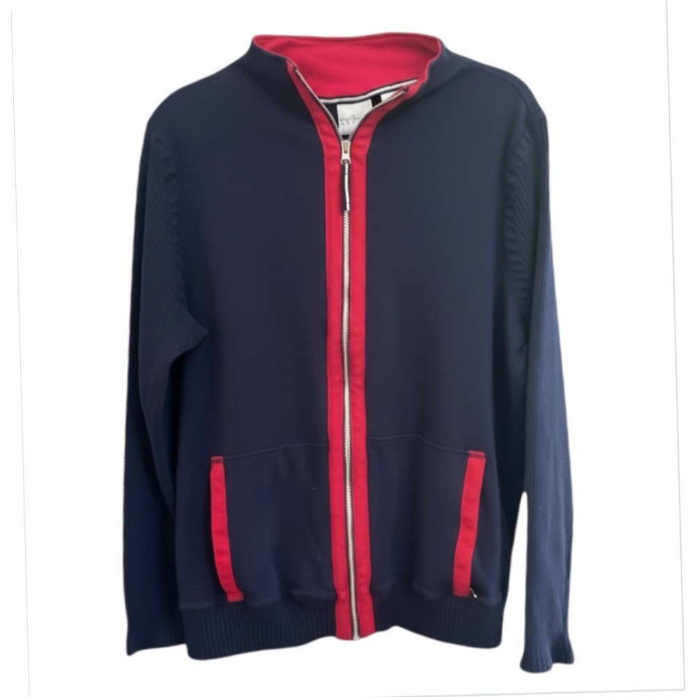 VTG Villager Liz Claiborne NAVY BLUE TRACK JACKET Red Trim Nautical Preppy XL
